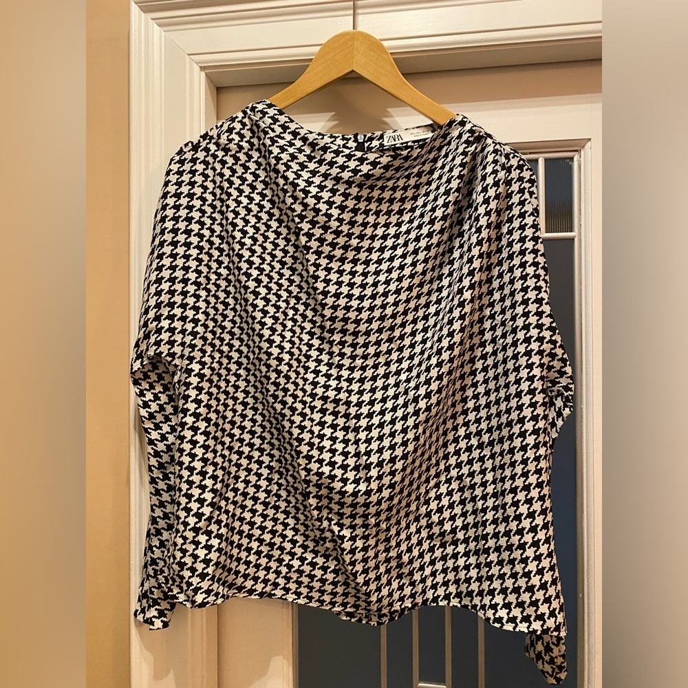 Zara Black & White Draped Houndstooth Boat Neck Blouse - Size L